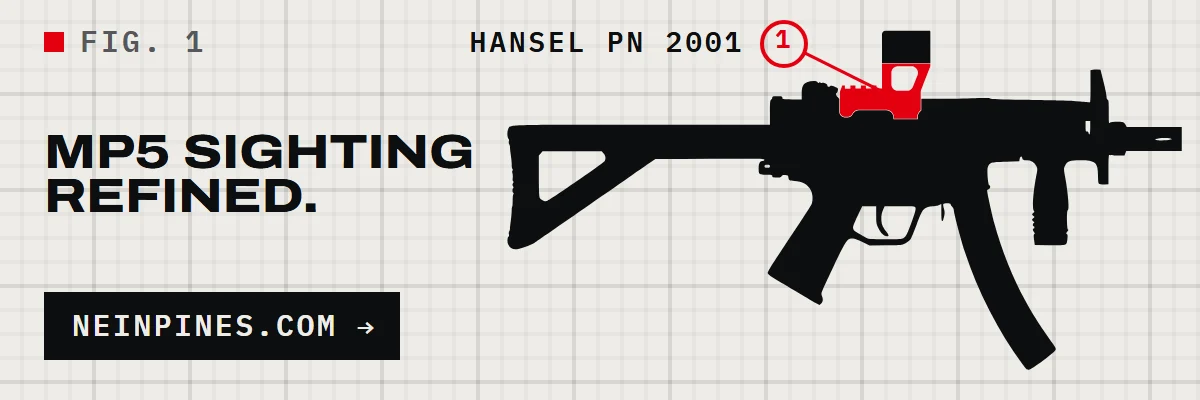 Hansel MP5 optics mount (PN 2001) on an MP5K, by Nein Pines Research: MP5 sighting refined. neinpines.com